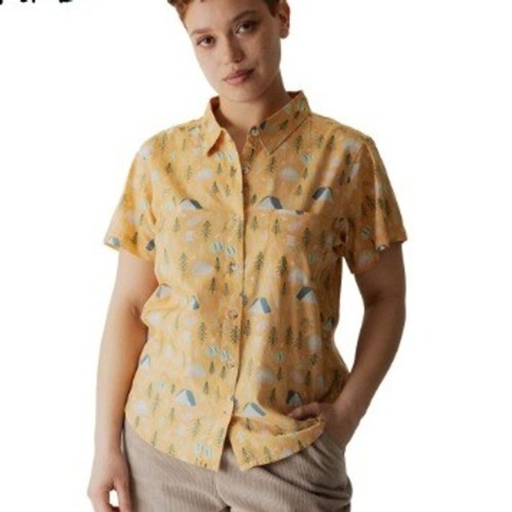 Kavu Girl Party Shirt Yellow Bigfoot Camping Print Cotton Short Sleeve Top XL